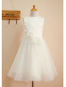 Ivory Satin Tulle Lace Sash Knee Length Flower Girl Dress